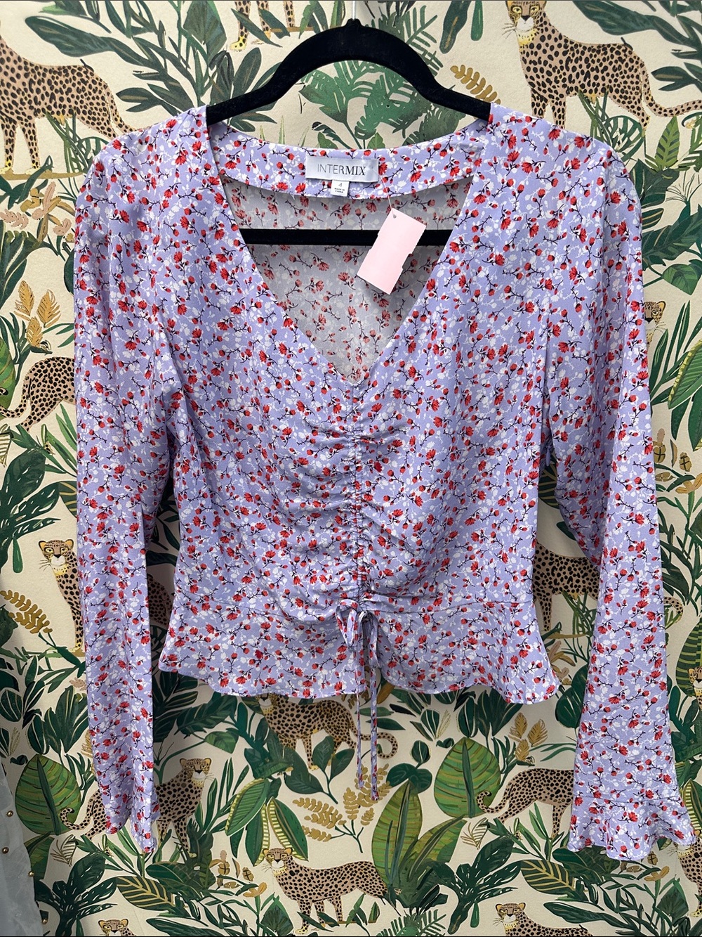 INTERMIX Lavender Floral Ruched V-Neck Blouse with Tie